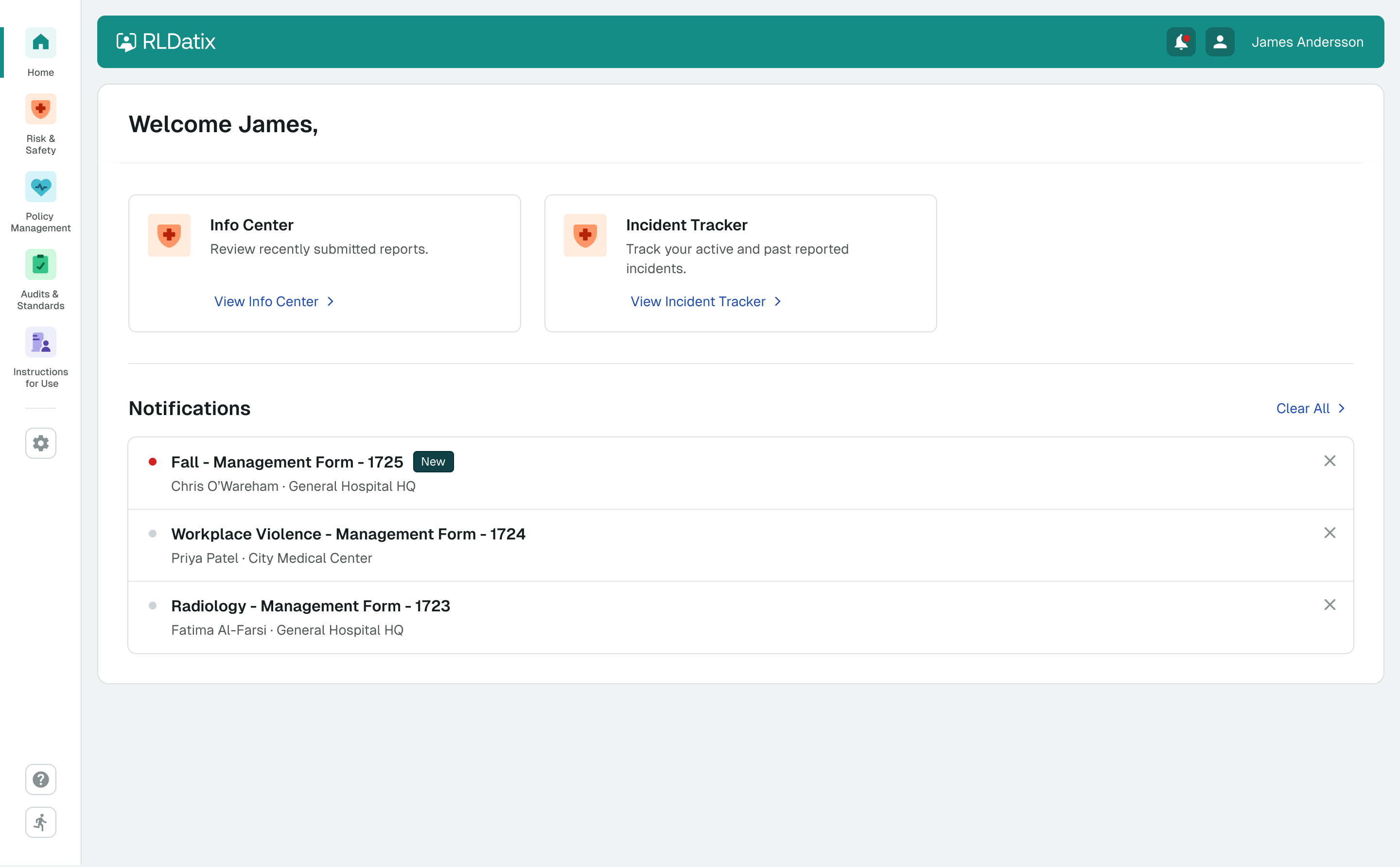 RLDatix Home — Welcome dashboard with Info Center, Incident Tracker and Notifications