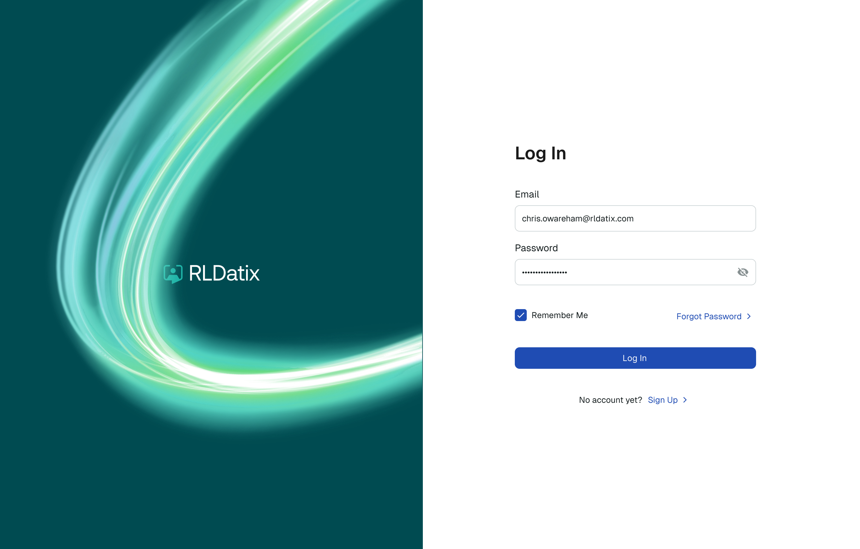 RLDatix Log In — Nova brand surface with luminous teal light streaks