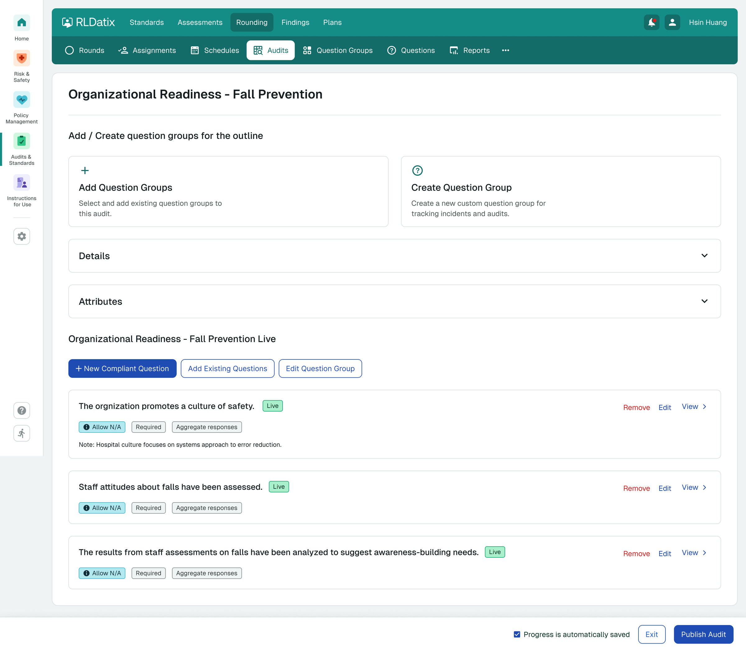 Audit setup with question groups and reusable templates