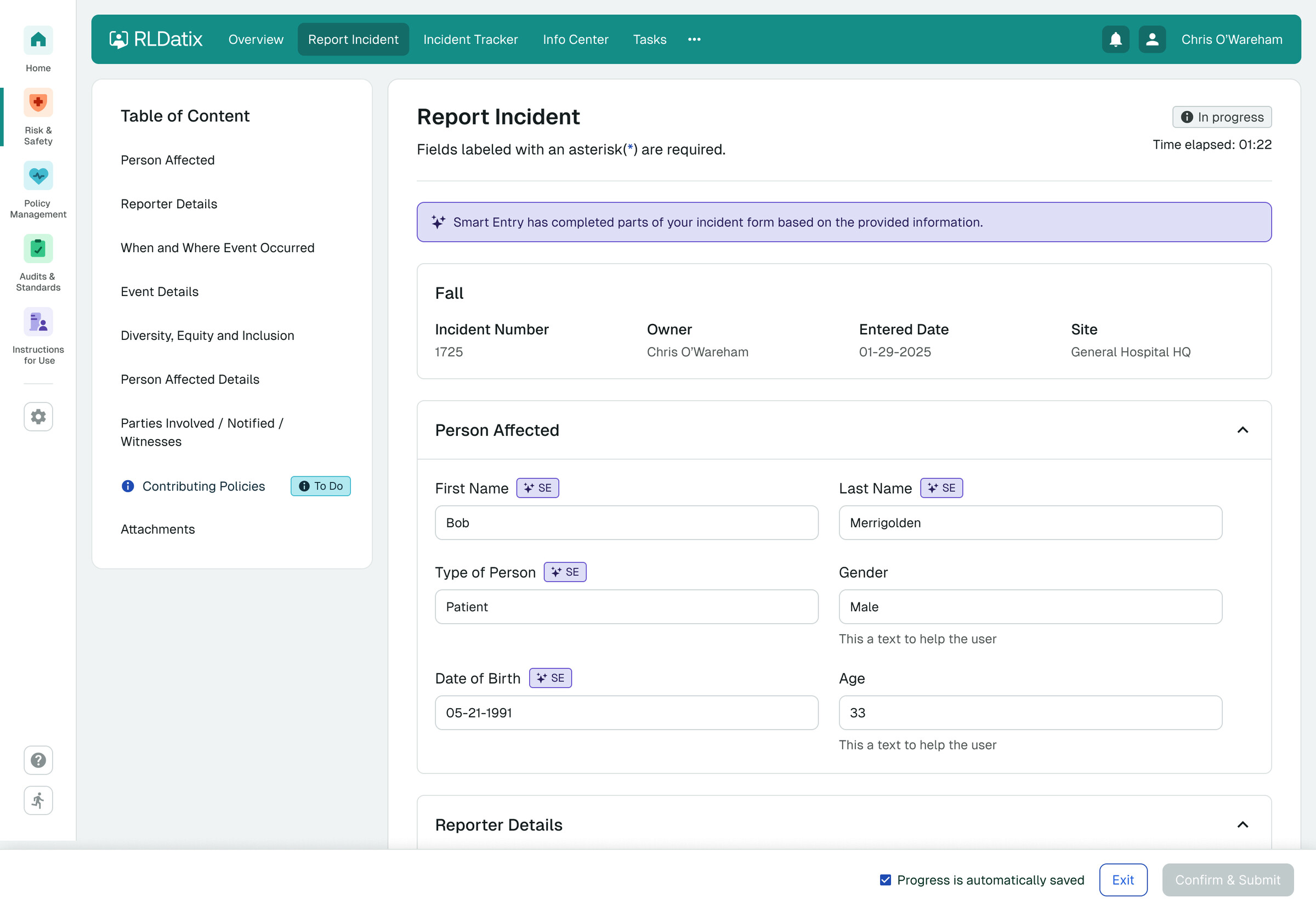 Smart Entry — structured incident form pre-filled by AI
