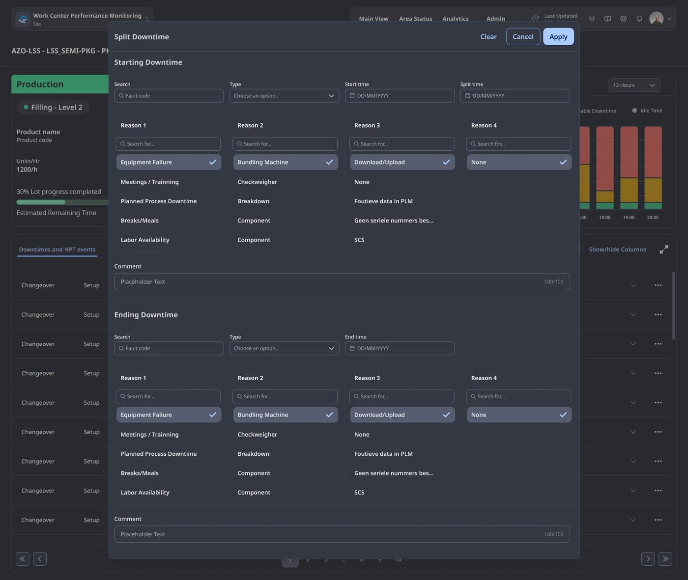 Split Downtime modal — Starting and Ending event frame sections