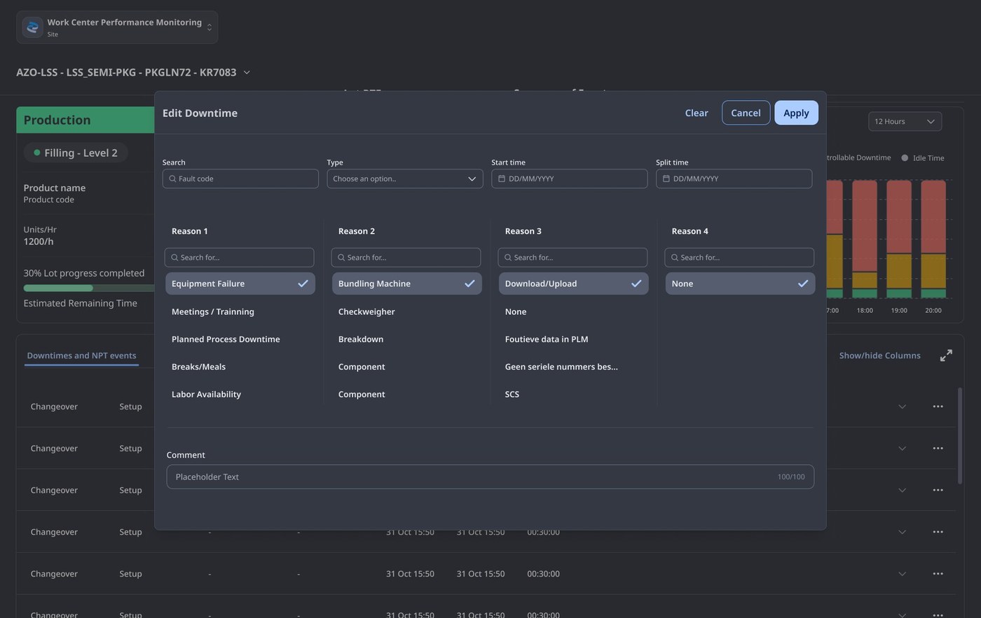 Edit DT/NPT modal — fault code search, reason tree, comment