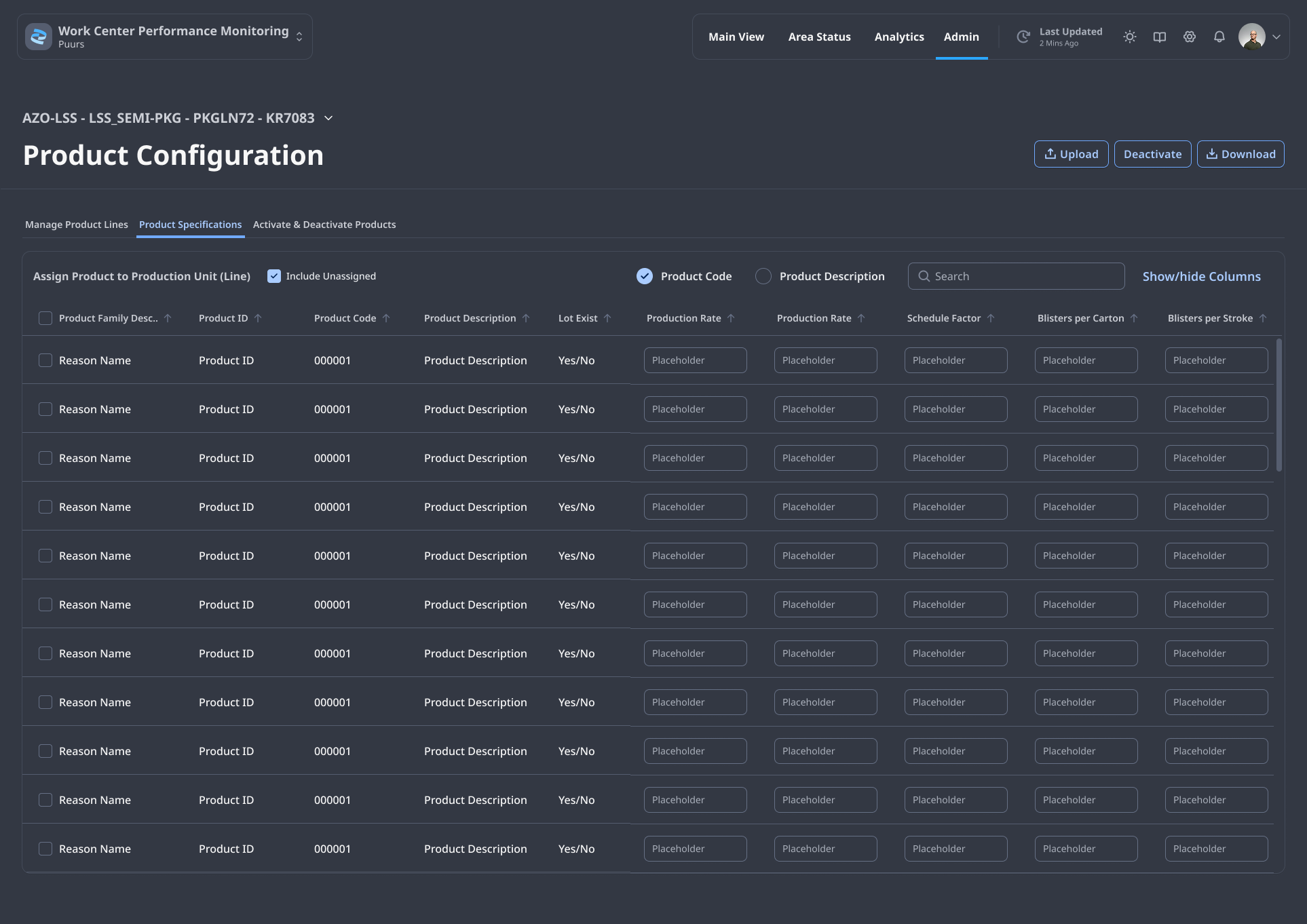 WPM Admin — Product Configuration / Product Specifications