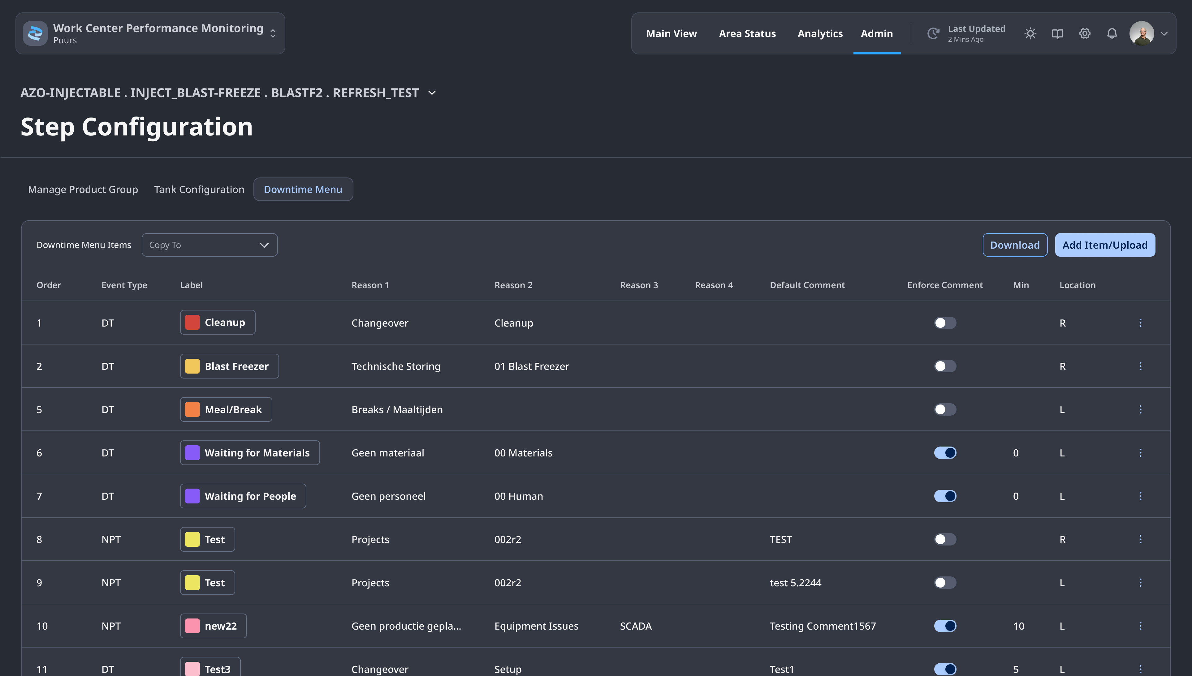 Administrator Settings — Step Configuration / Downtime Menu